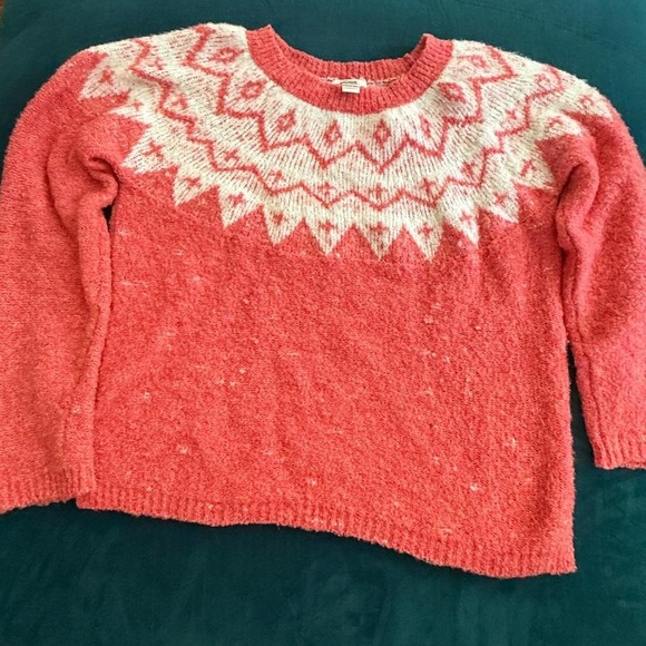 LOFT Fair Isle Sweater Pink White Knit Large - Picture 1 of 8